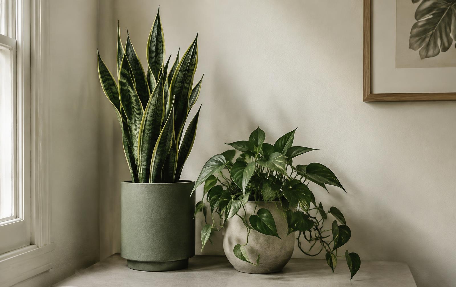 Houseplants in matte pots in a softly lit room
