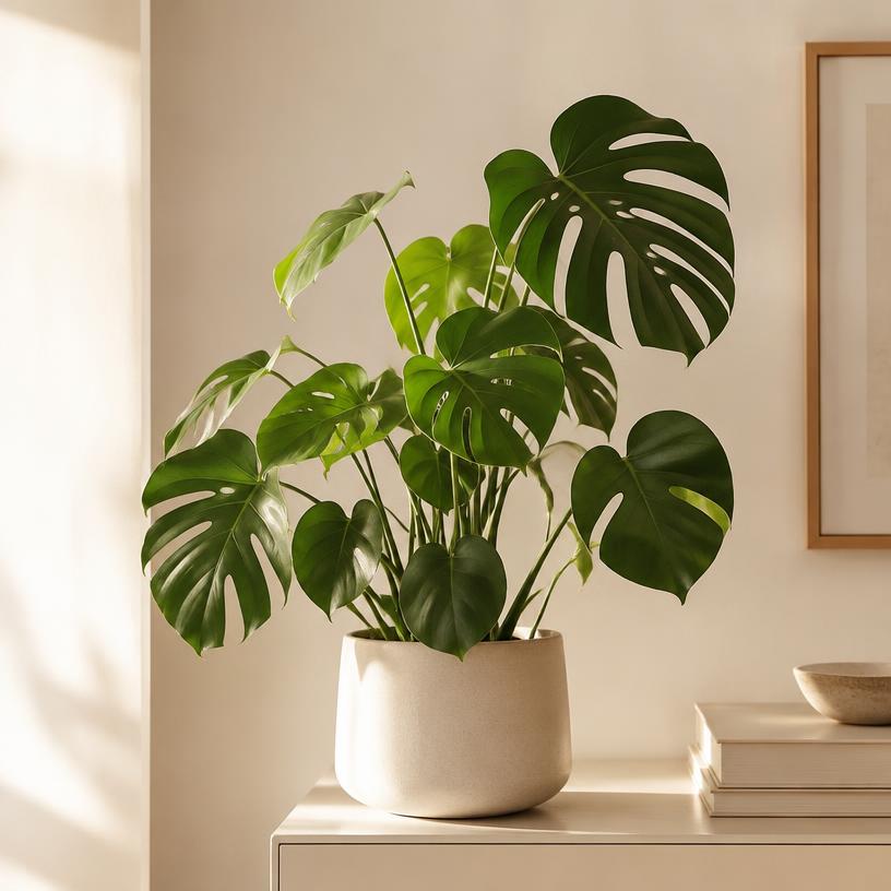 Monstera with large split leaves in a cream matte pot