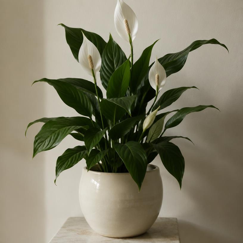 Peace lily with three white spathe flowers in a cream pot
