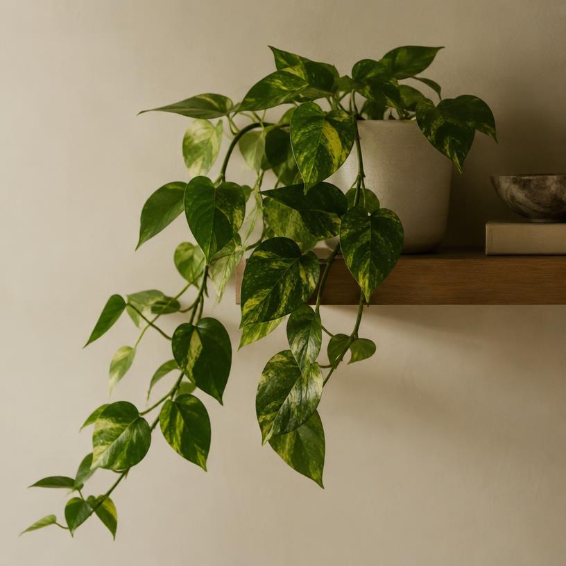Golden pothos vine trailing from a pot on a wooden wall shelf