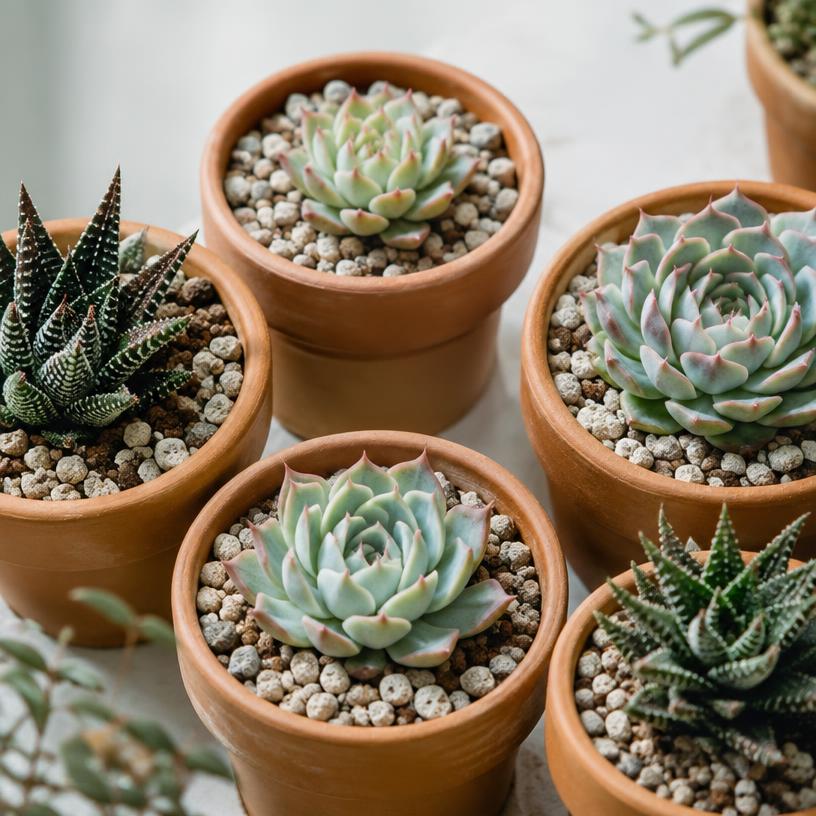 Small echeveria and haworthia succulents in terracotta pots with gritty soil
